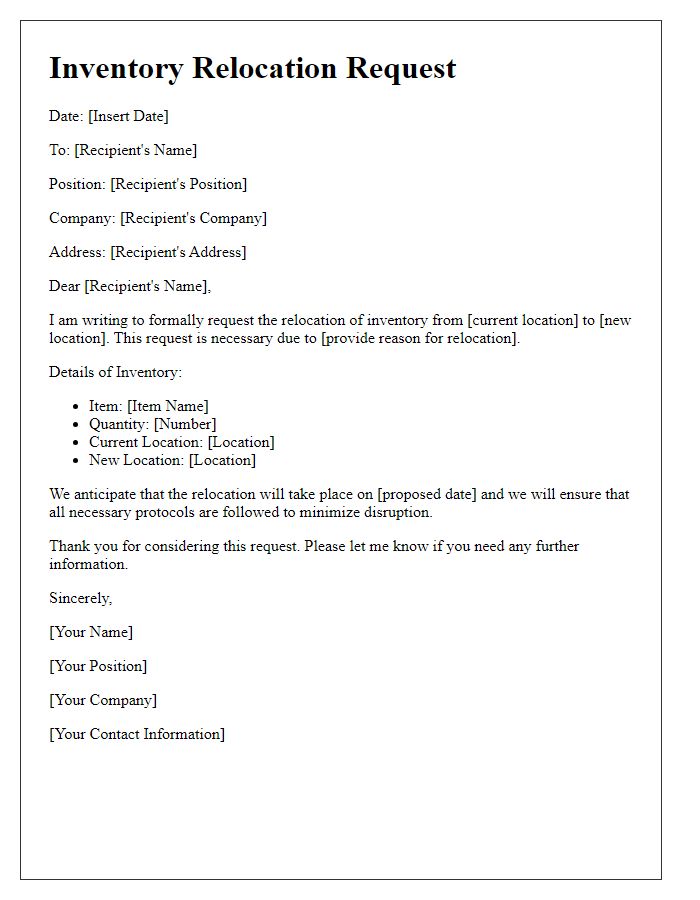 Letter template of inventory relocation request