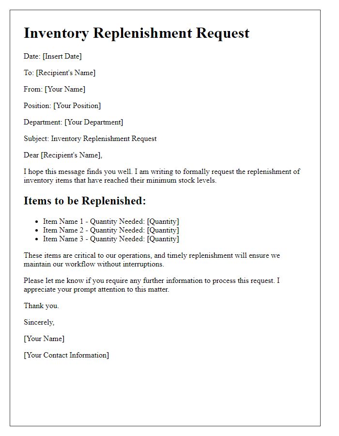 Letter template of inventory replenishment request