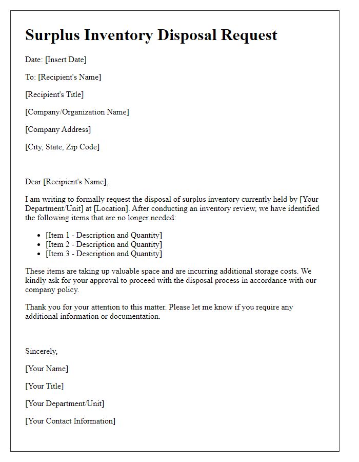 Letter template of surplus inventory disposal request