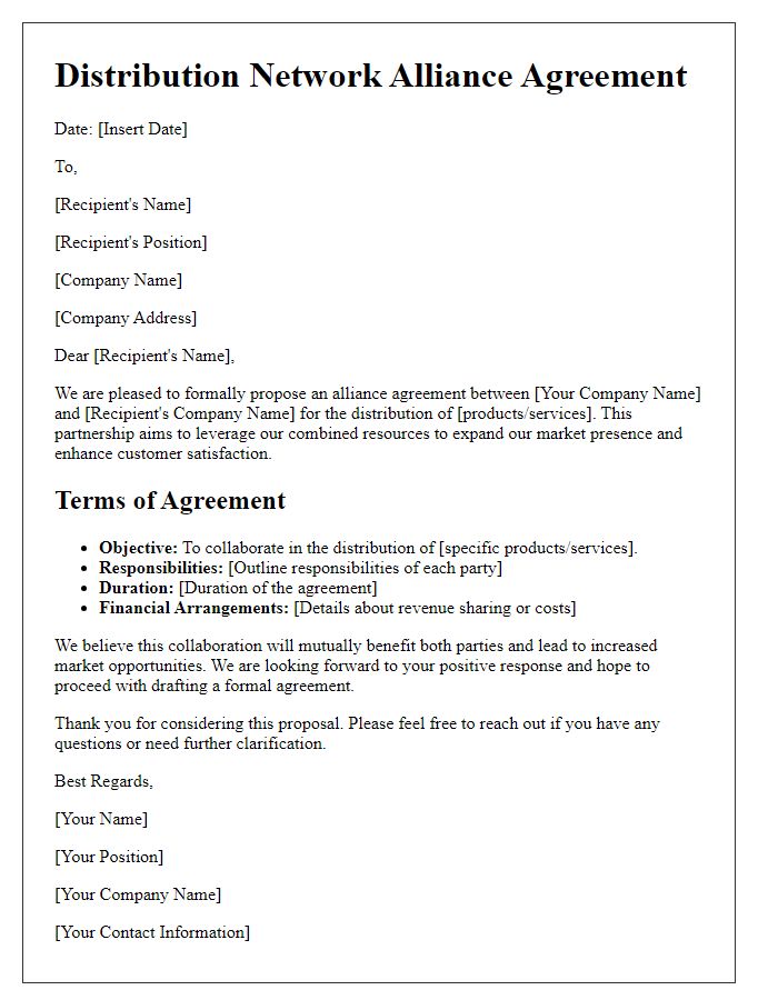 Letter template of distribution network alliance agreement