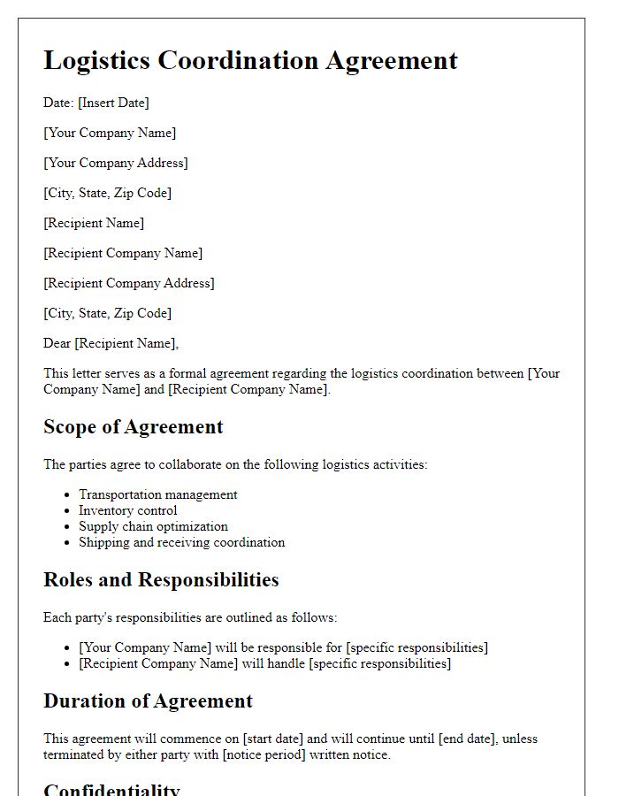 Letter template of logistics coordination agreement