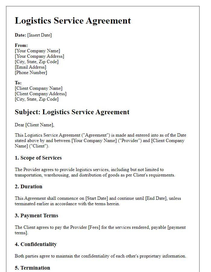 Letter template of logistics service agreement