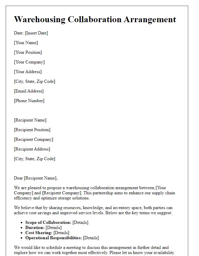 Letter template of warehousing collaboration arrangement