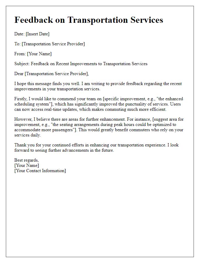 Letter template of feedback on transportation services improvement