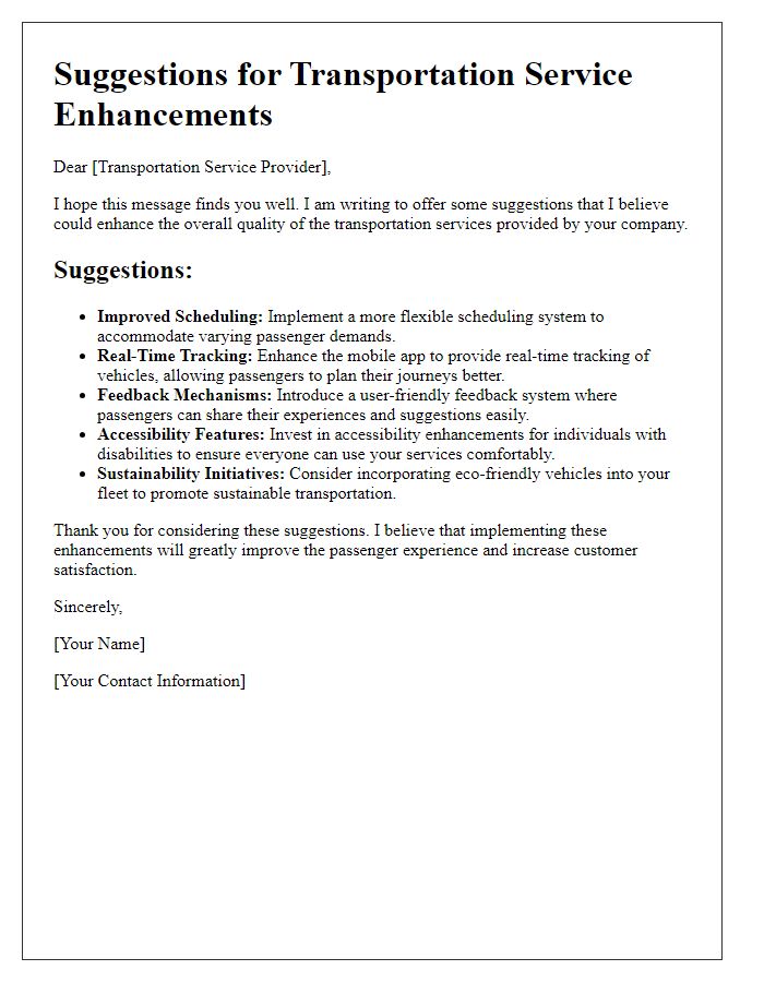 Letter template of suggestions for transportation service enhancements