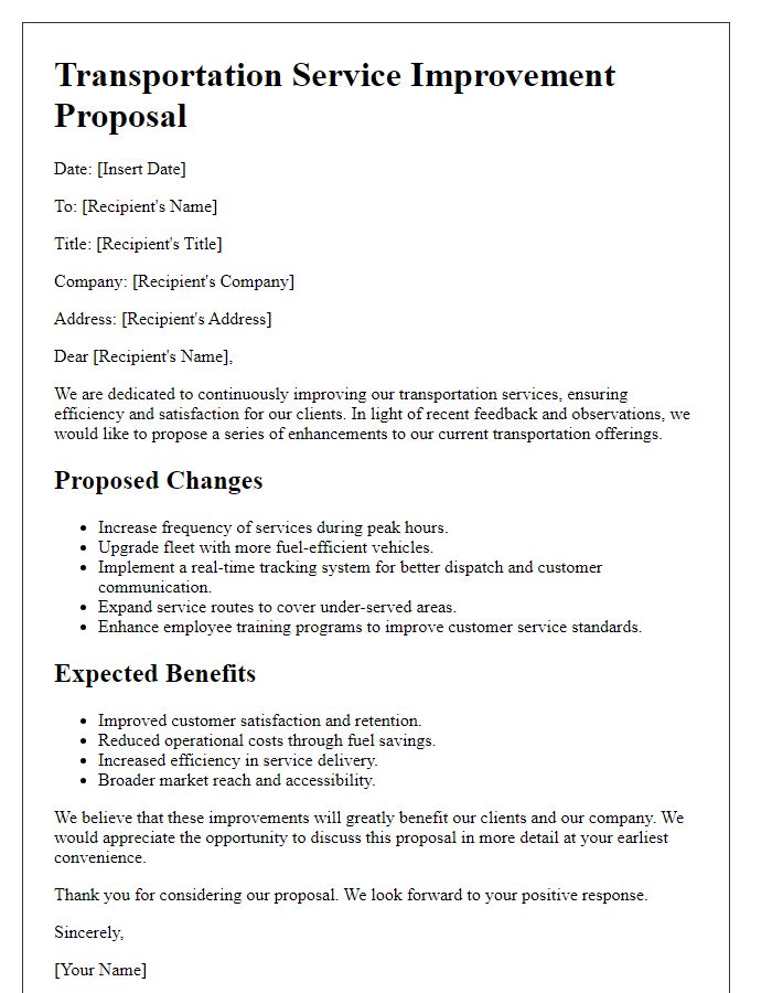 Letter template of transportation service improvement proposal