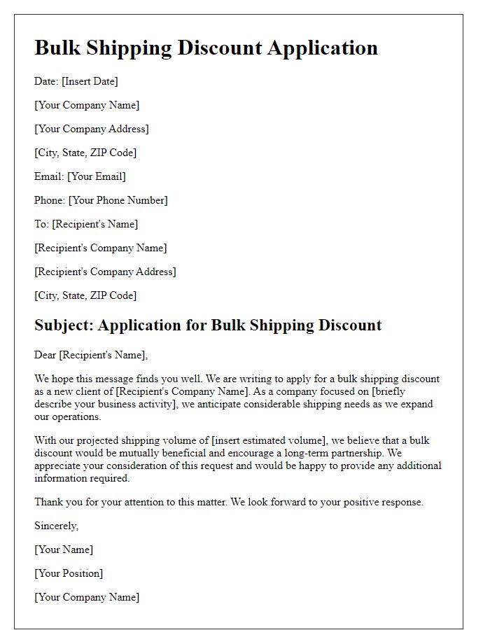 Letter template of bulk shipping discount application for new client.