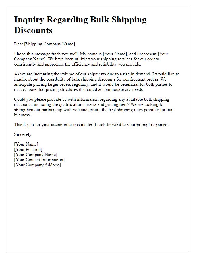 Letter template of bulk shipping discount inquiry for frequent orders.