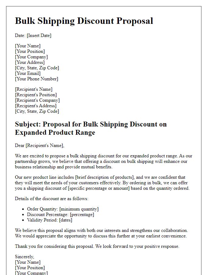 Letter template of bulk shipping discount proposal for expanded product range.