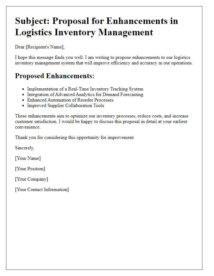 Letter template of logistics inventory management enhancements