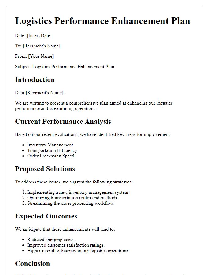 Letter template of logistics performance enhancement outlines