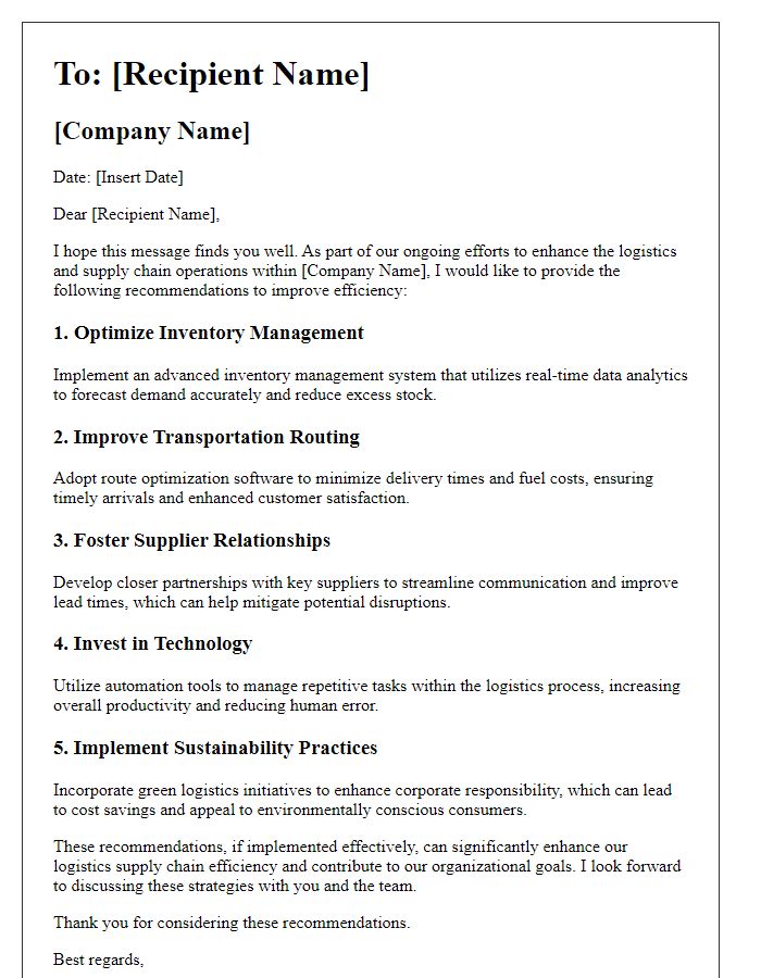 Letter template of logistics supply chain efficiency recommendations