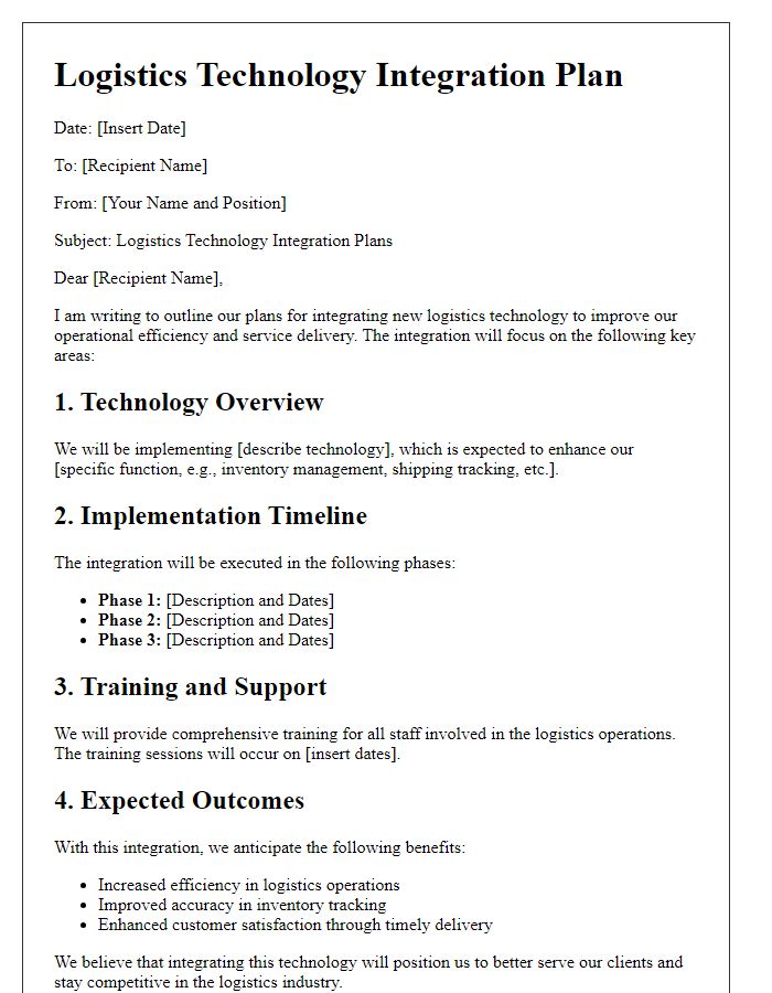 Letter template of logistics technology integration plans