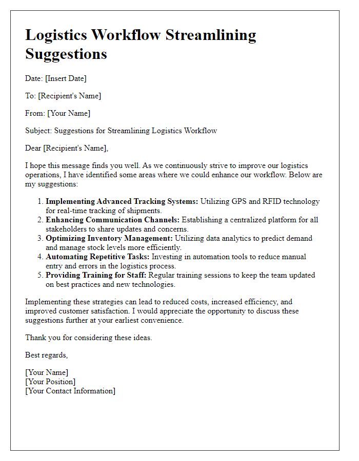 Letter template of logistics workflow streamlining suggestions