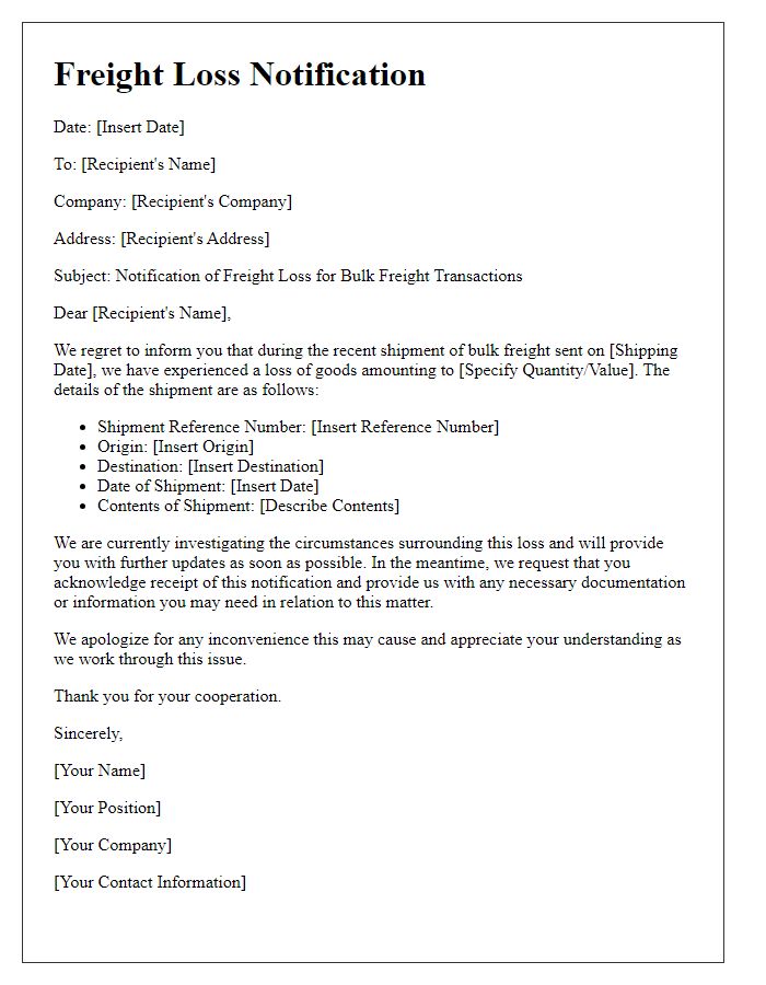 Letter template of Freight Loss Notification for Bulk Freight Transactions