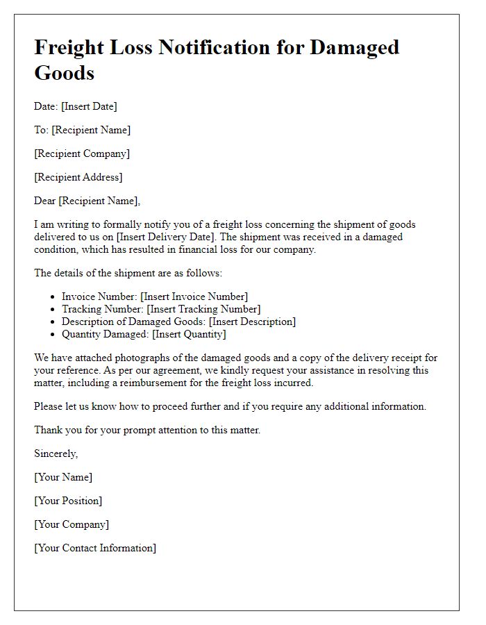 Letter template of Freight Loss Notification for Damaged Goods