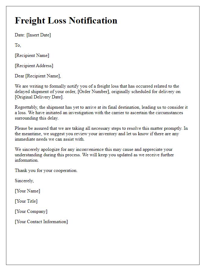 Letter template of Freight Loss Notification for Delayed Shipments