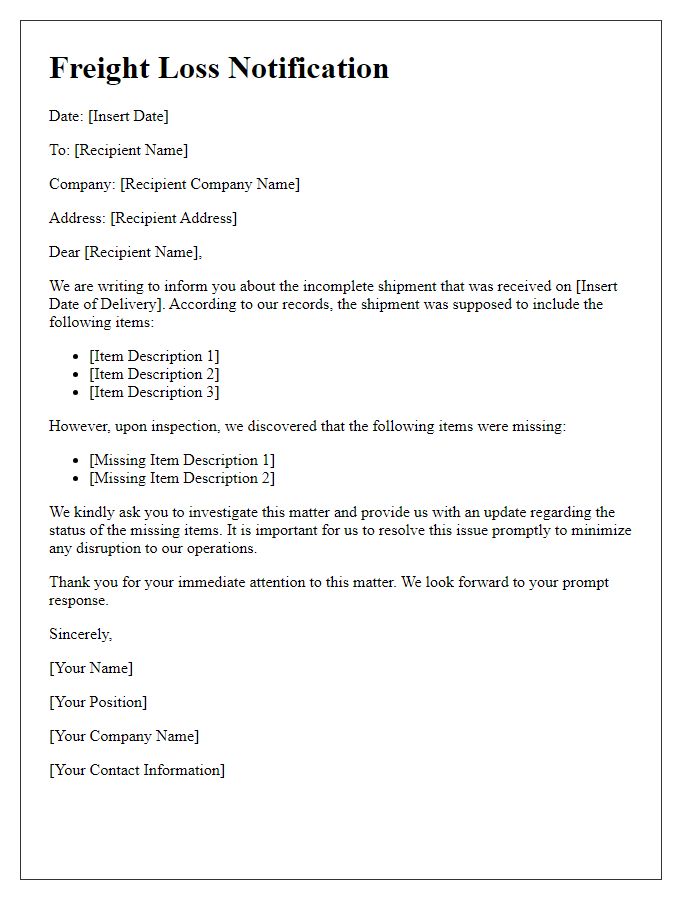 Letter template of Freight Loss Notification for Incomplete Shipments