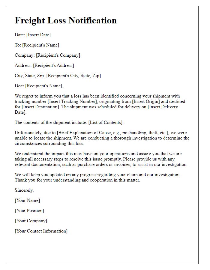 Letter template of Freight Loss Notification for International Shipments