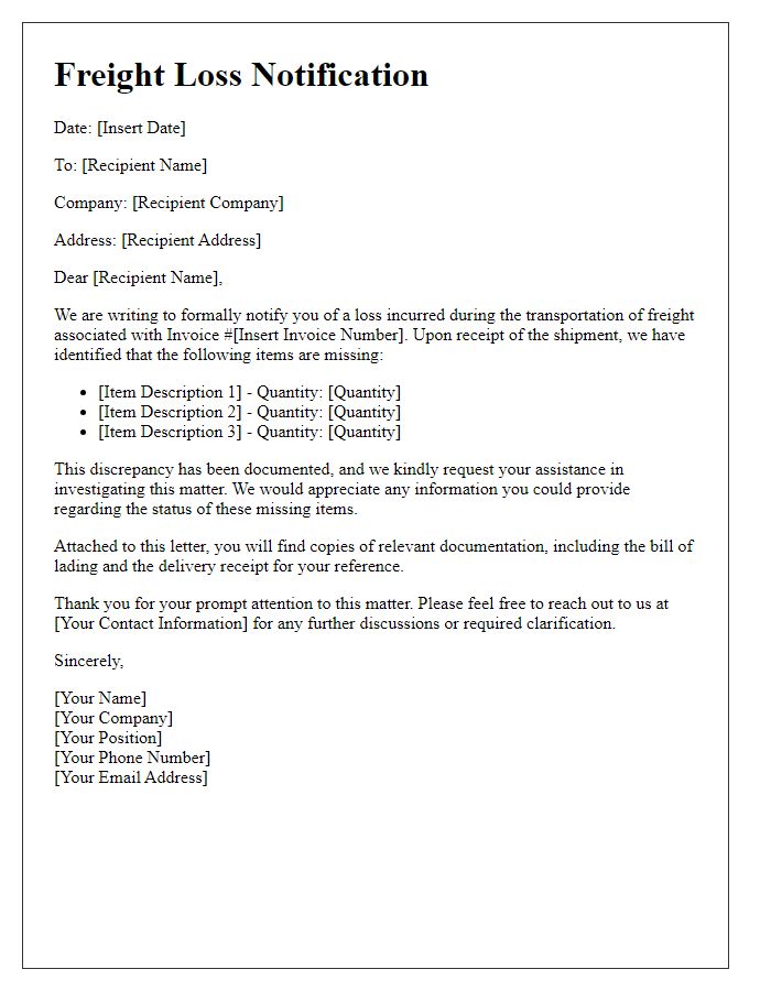 Letter template of Freight Loss Notification for Missing Items