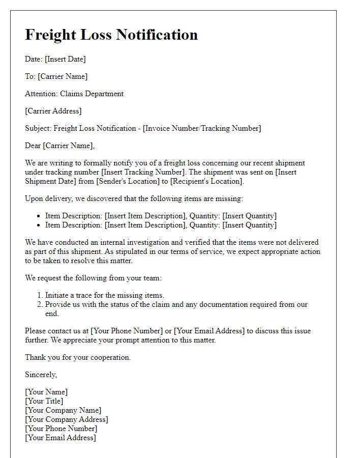 Letter template of Freight Loss Notification for Third-Party Carriers