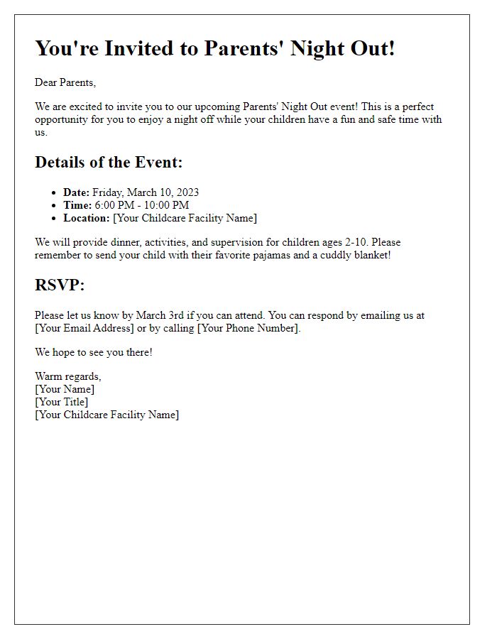 Letter template of Parents Night Out Invitation for Childcare Service