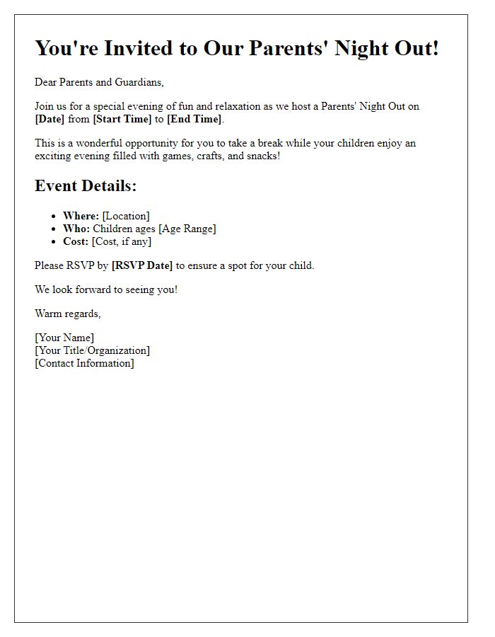 Letter template of Parents Night Out Invitation for Community Gathering