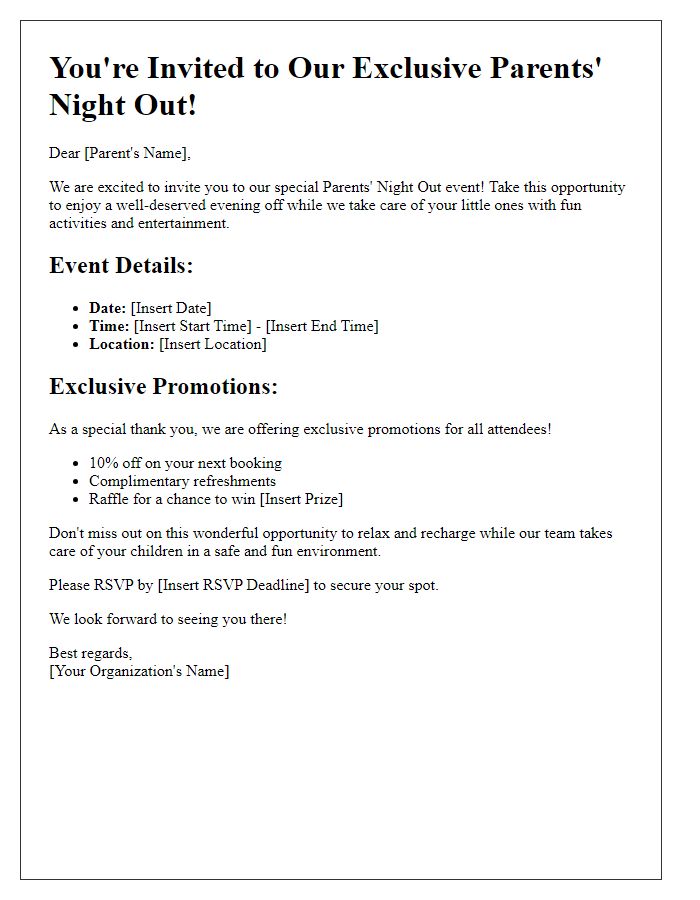 Letter template of Parents Night Out Invitation for Exclusive Promotions