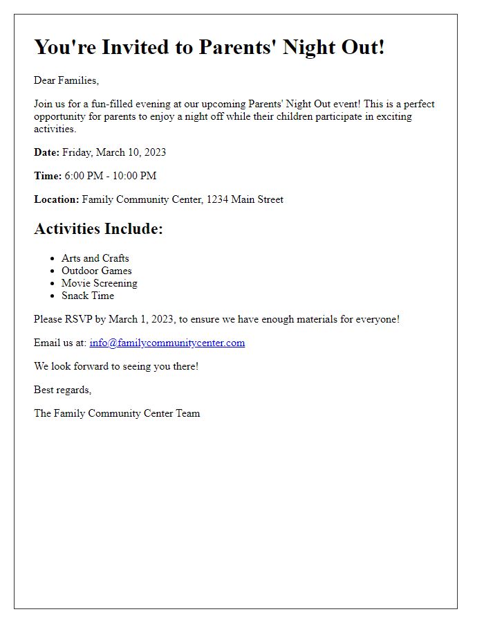 Letter template of Parents Night Out Invitation for Family-Friendly Activities