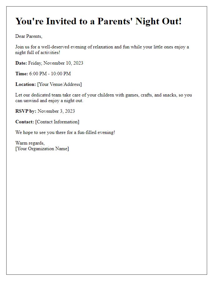 Letter template of Parents Night Out Invitation for Relaxation and Fun