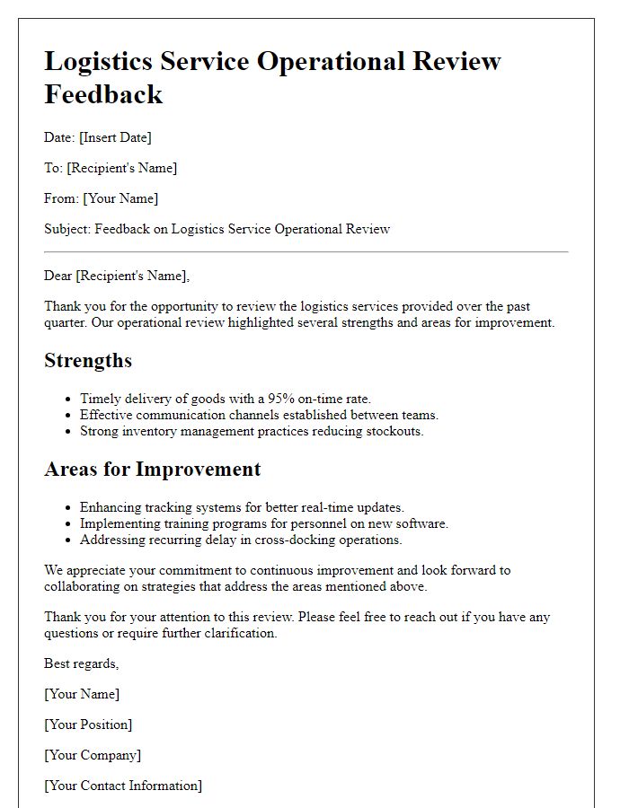 Letter template of logistics service operational review feedback