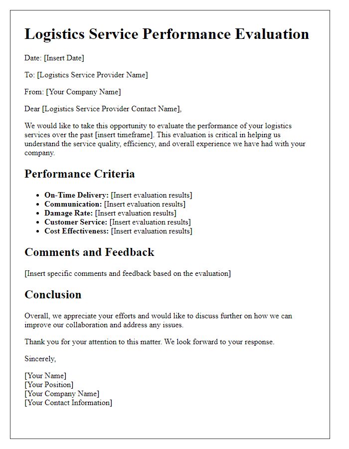 Letter template of logistics service performance evaluation