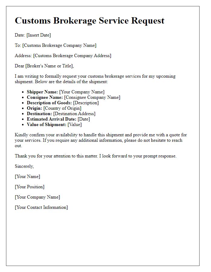 Letter template of customs brokerage service request