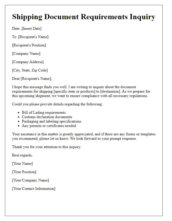 Letter template of shipping document requirements inquiry