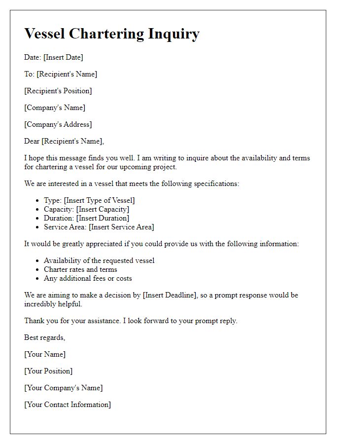 Letter template of vessel chartering inquiry