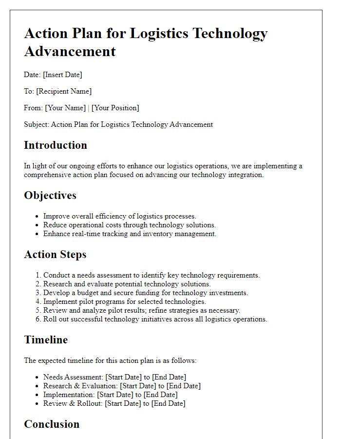 Letter template of action plan for logistics technology advancement