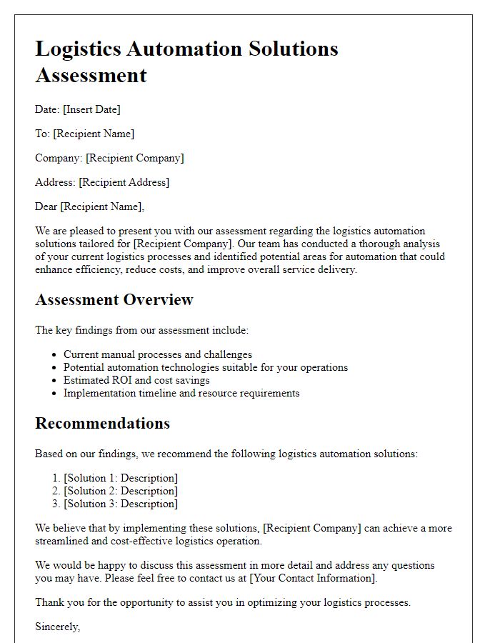 Letter template of assessment for logistics automation solutions