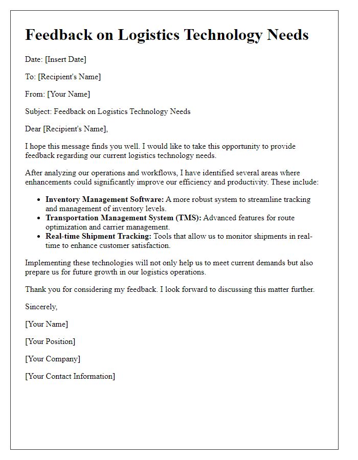 Letter template of feedback on logistics technology needs