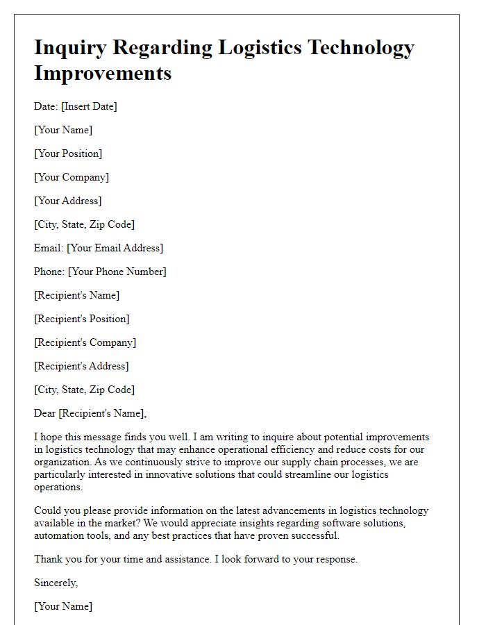 Letter template of inquiry regarding logistics tech improvements