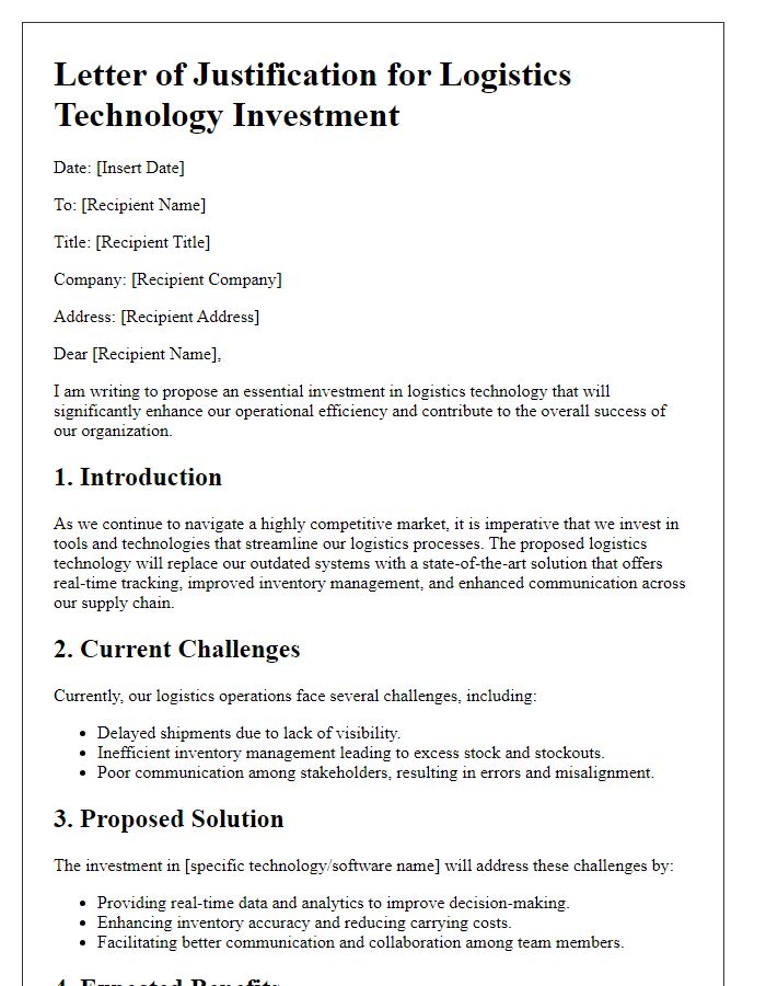 Letter template of justification for logistics technology investment