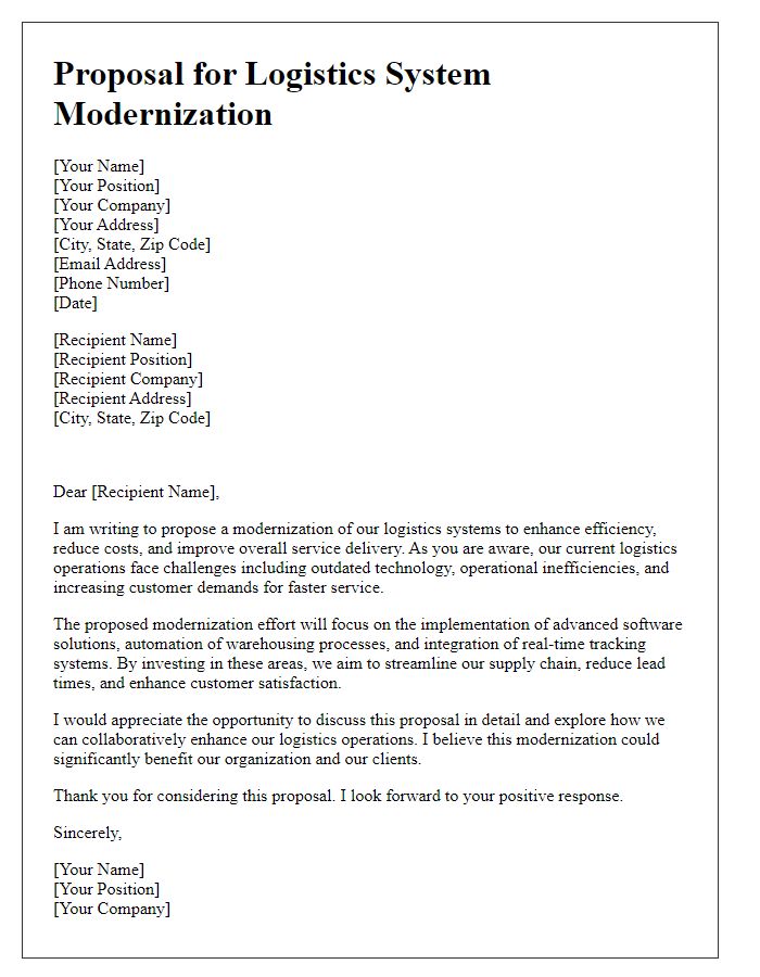 Letter template of proposal for logistics system modernization