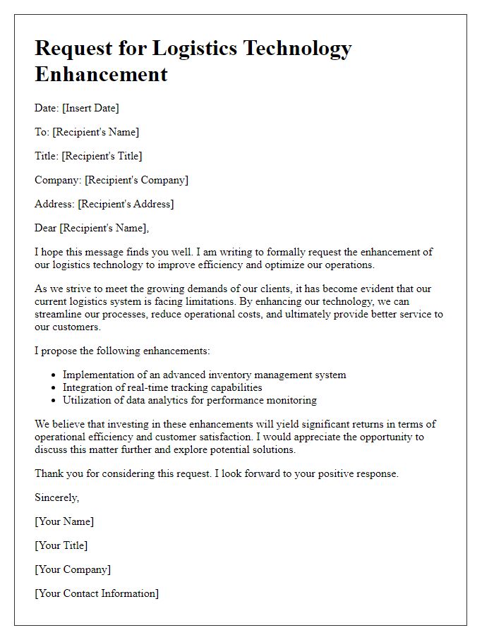 Letter template of request for logistics technology enhancement