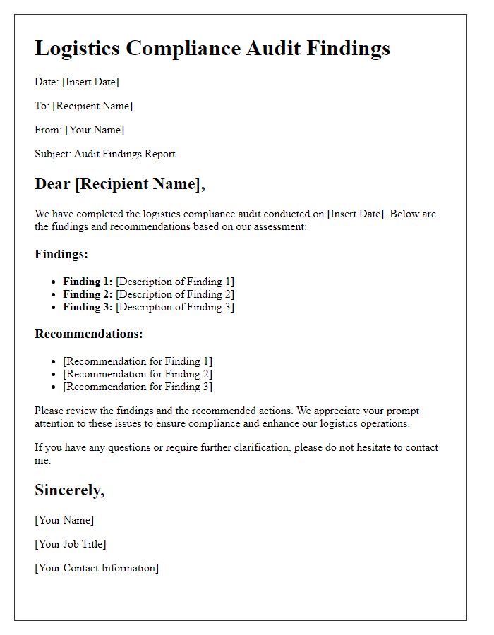 Letter template of logistics compliance audit findings
