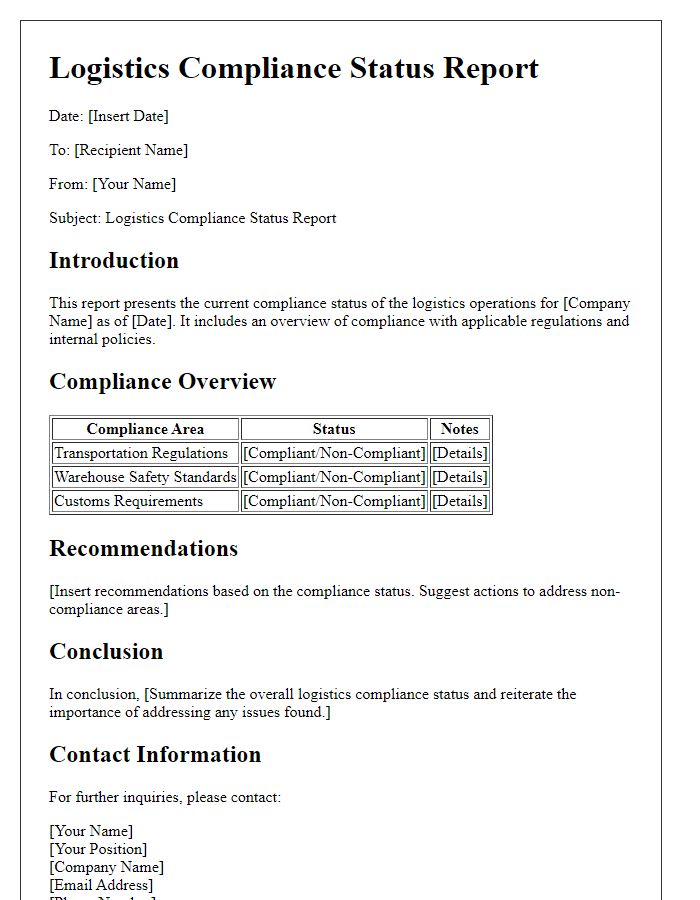 Letter template of logistics compliance status report