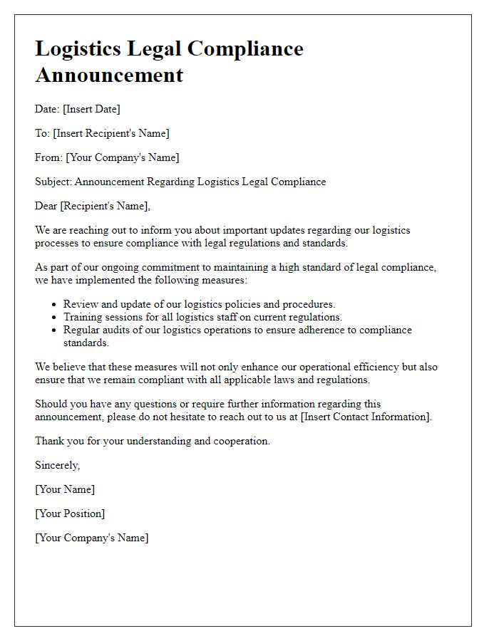 Letter template of logistics legal compliance announcement