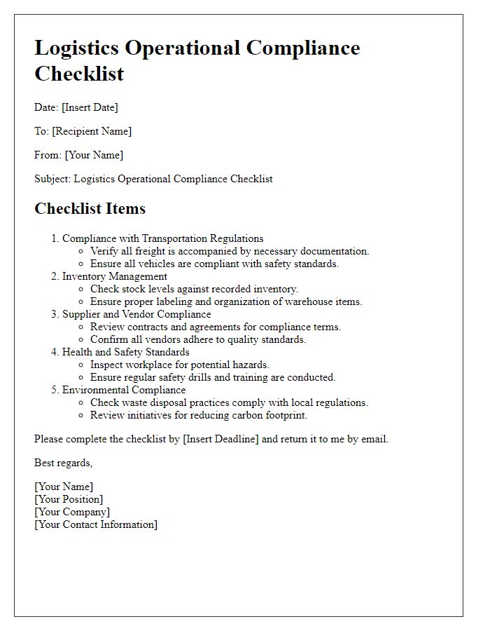 Letter template of logistics operational compliance checklist