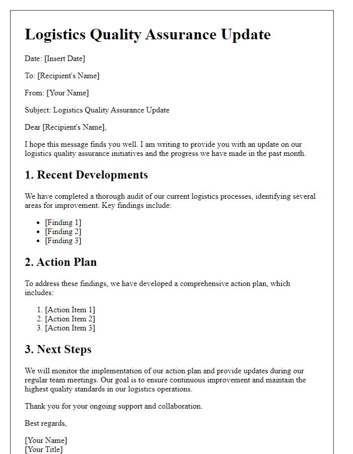 Letter template of logistics quality assurance update