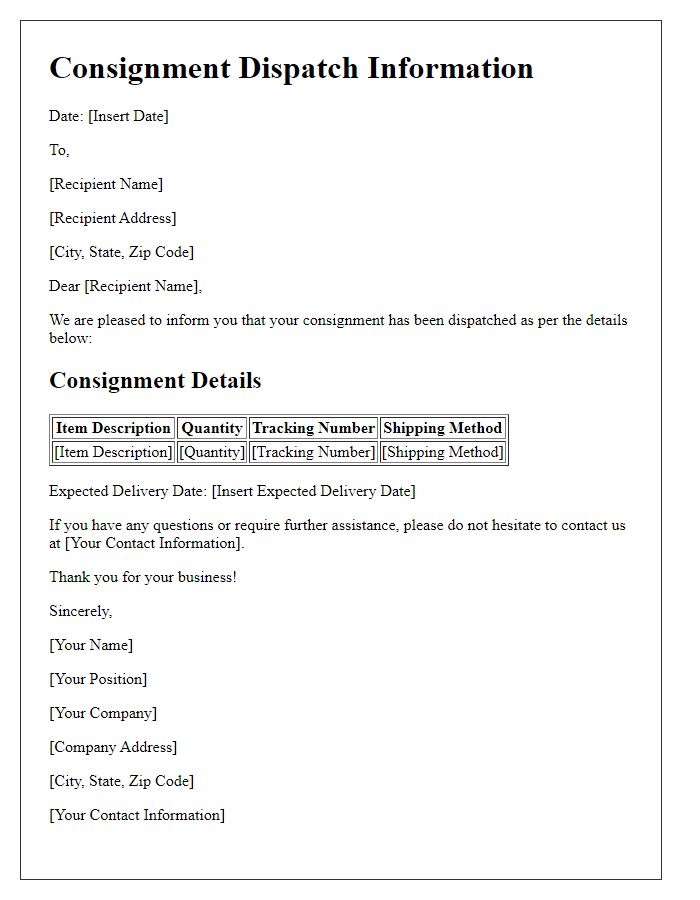 Letter template of consignment dispatch information