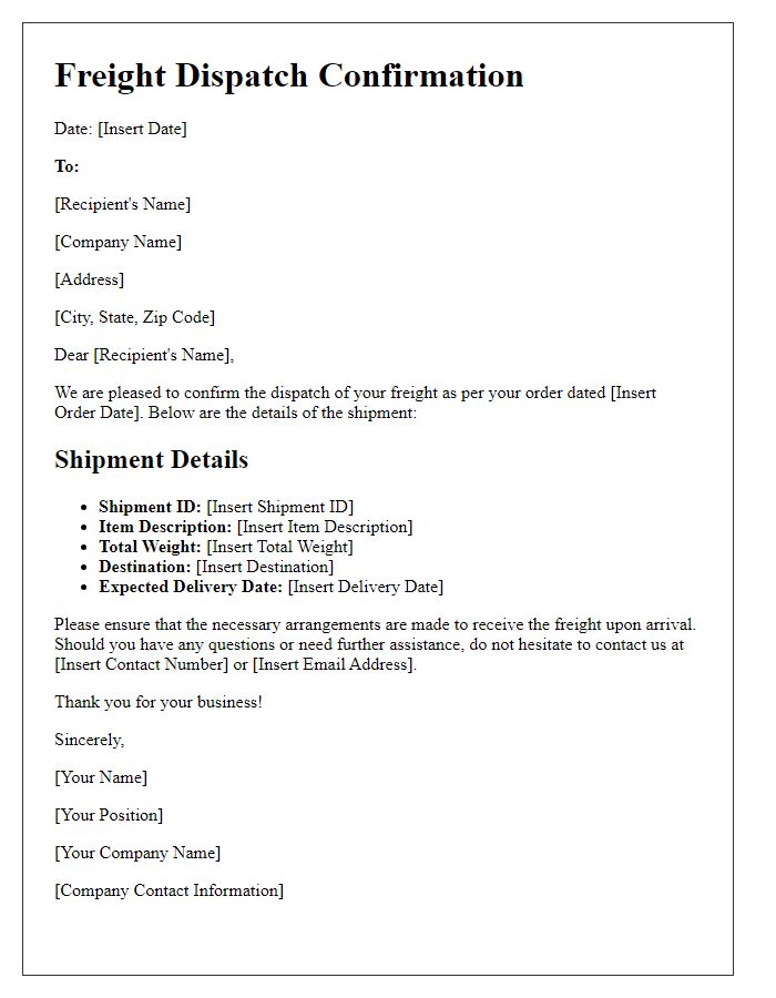 Letter template of freight dispatch confirmation