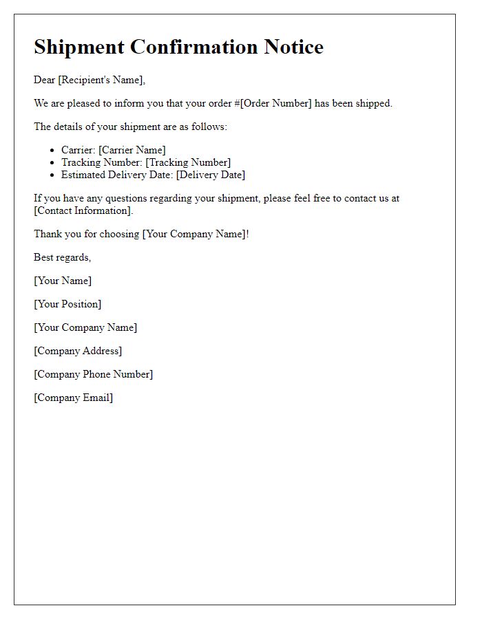 Letter template of shipment confirmation notice